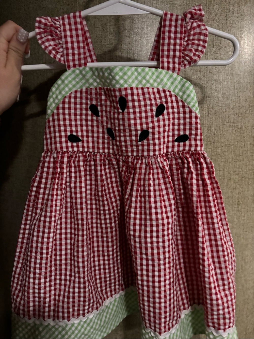 Starting Out Red Gingham Watermelon Patch Dress with Green Trim